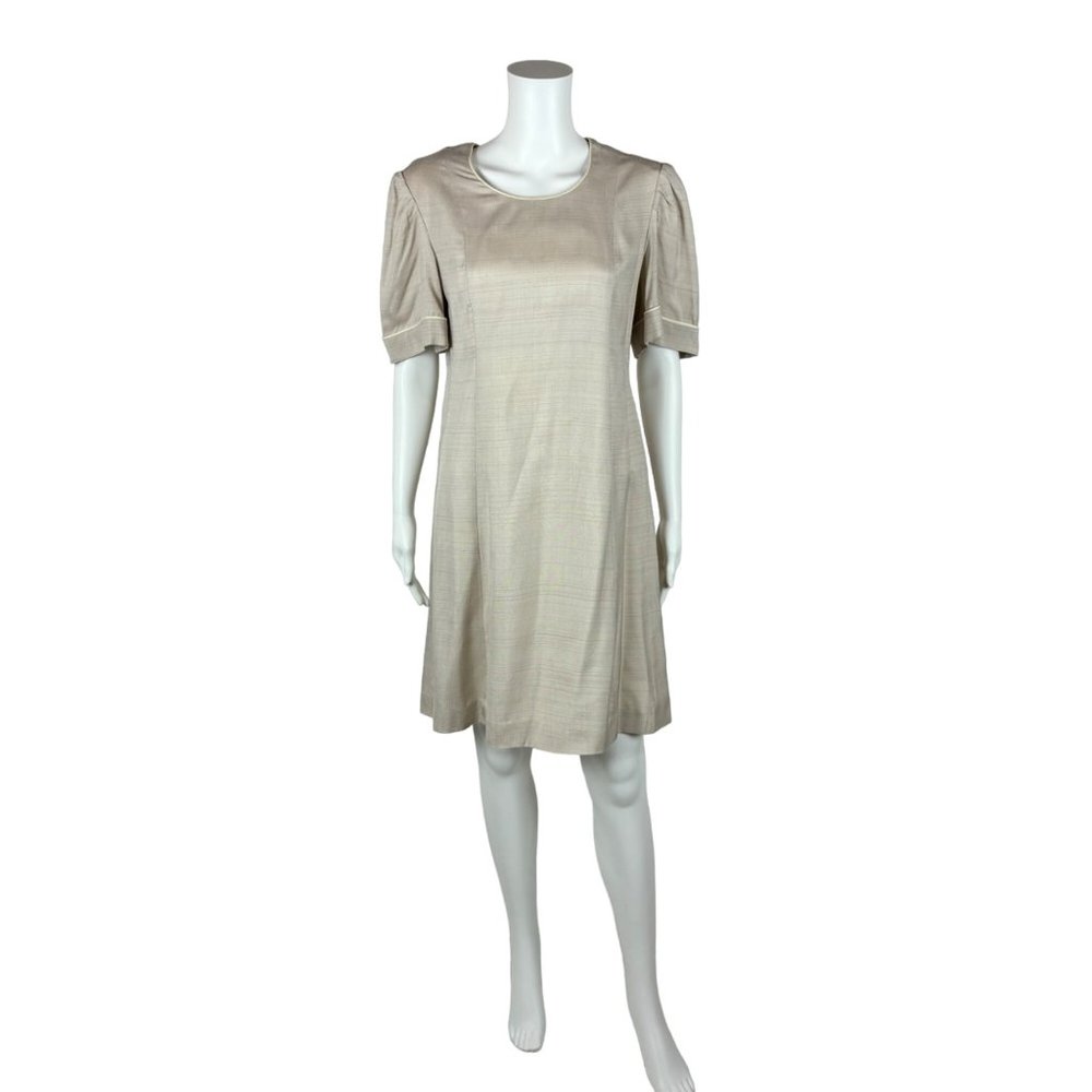 Vintage 80s Dress Women's Large Beige Faux Silk Puff Sleeves Babydoll Shift